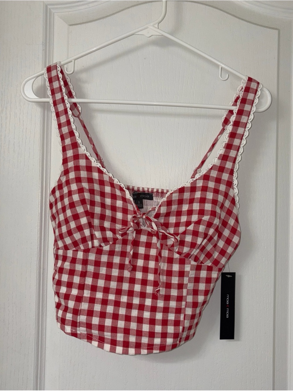 Moa Moa Red and White Gingham Tie-Front Crop Top